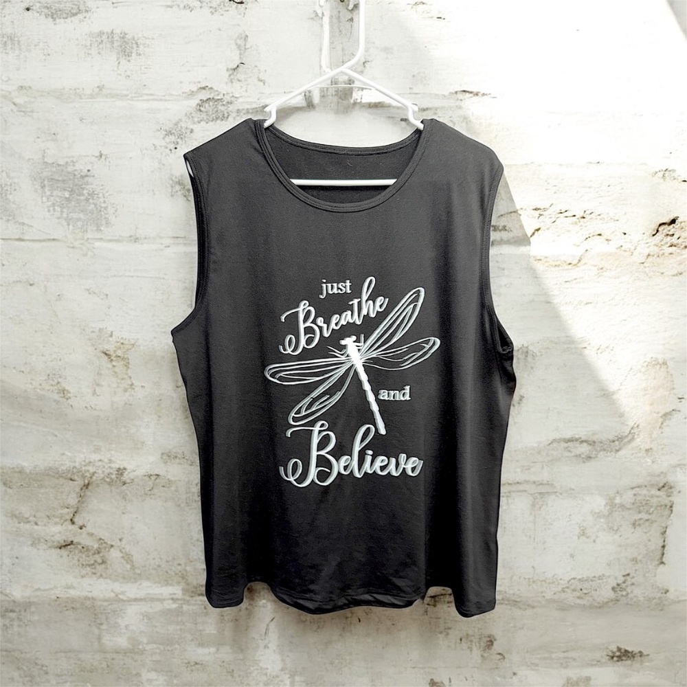 Women's Black Muscle Wide Strap Tank Top Just Breathe and Believe Dragonfly 4X - Picture 2 of 5